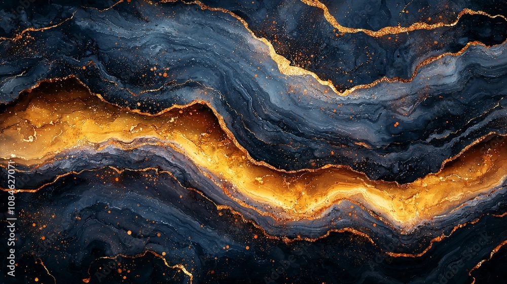 Abstract artwork featuring flowing blue and gold patterns resembling natural textures. Abstract artwork featuring flowing blue and gold patterns resembling natural textures.