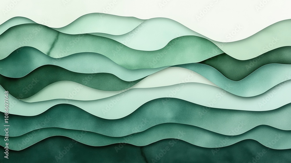 Abstract image with layered green paper waves creating a three-dimensional effect on a light background, resembling a serene landscape or ocean scene. Abstract image with layered green paper waves creating a three-dimensional effect on a light background, resembling a serene landscape or ocean scene.