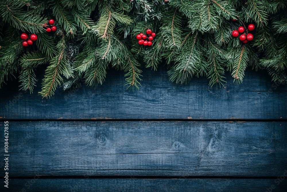 Vibrant pine tree with red berries against a rustic blue wooden backdrop. Vibrant pine tree with red berries against a rustic blue wooden backdrop.