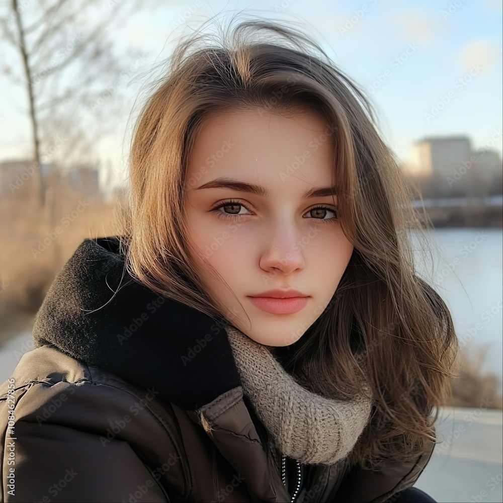 Selfie of a young, ordinary girl of 19 years with attractive appearance, a serious face, sitting somewhere on the street, in the city, by the river, or in nature. The girl has brown hair. Selfie of a young, ordinary girl of 19 years with attractive appearance, a serious face, sitting somewhere on the street, in the city, by the river, or in nature. The girl has brown hair.