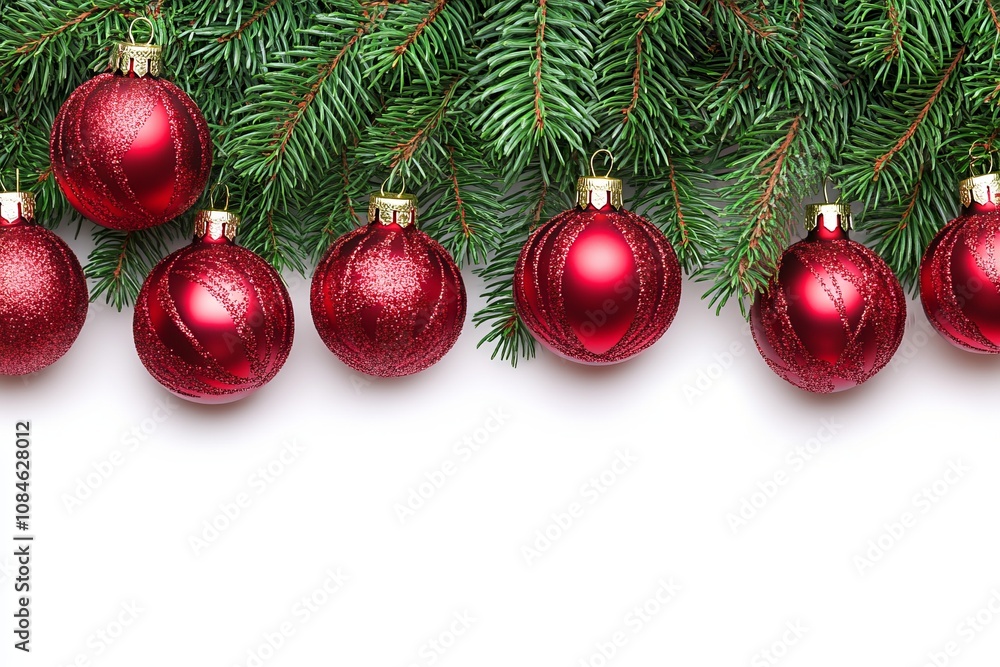 Festive Christmas tree branch adorned with red ornaments and lush green needles. Festive Christmas tree branch adorned with red ornaments and lush green needles.