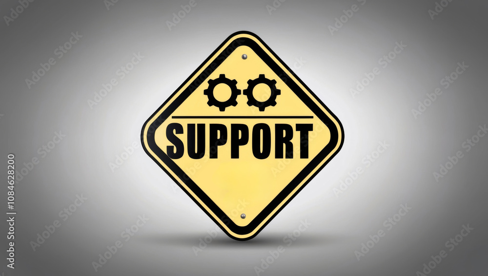 Technical support sign with tools and gear icons on yellow diamond background Technical support sign with tools and gear icons on yellow diamond background