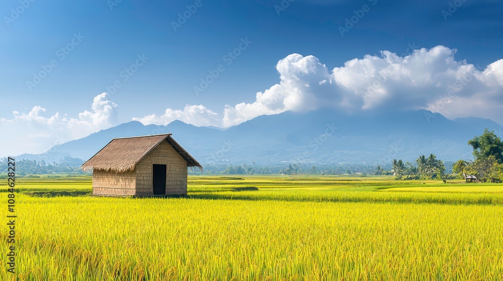 A scenic view of a traditional bamboo hut surrounded by expansive rice fields, with mountains in the distance and clear blue skies A scenic view of a traditional bamboo hut surrounded by expansive rice fields, with mountains in the distance and clear blue skies