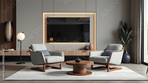 Wallpaper Mural living room interior with a warm, neutral color palette. The layout features two low, cushioned chairs with light gray upholstery and wooden bases, positioned around a round wooden coffee table.  Torontodigital.ca