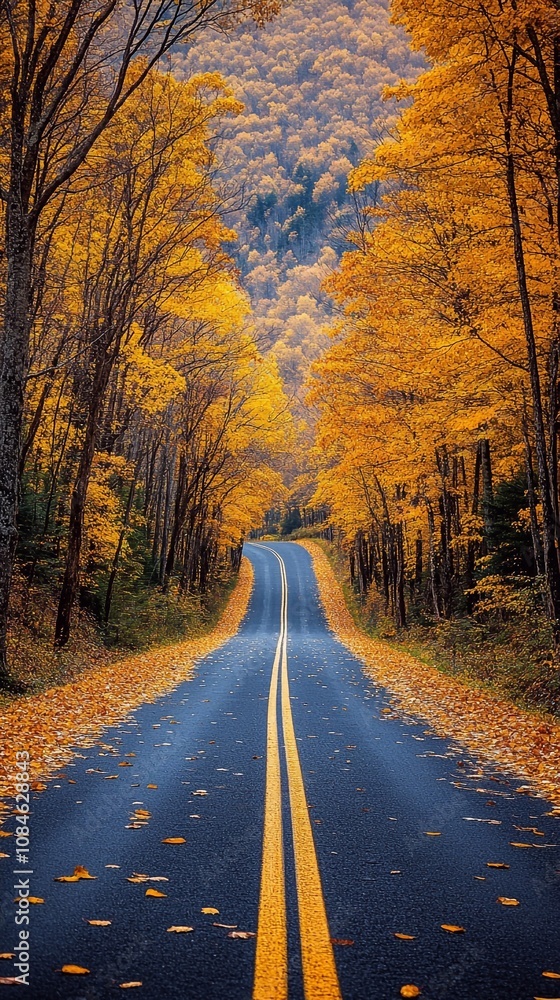 Naklejka premium The autumn season offers a wonderful landscape, where the forest is scattered around, shimmering with all shades of yellow and orange. In the middle of this forest stretches a road leading up,