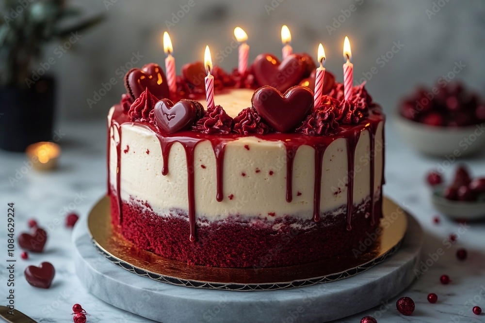 A festive cake of white and red color looks very festive and attractive. It features candles that give it a special glow, and the red hearts on the cake give it a romantic look. A festive cake of white and red color looks very festive and attractive. It features candles that give it a special glow, and the red hearts on the cake give it a romantic look.