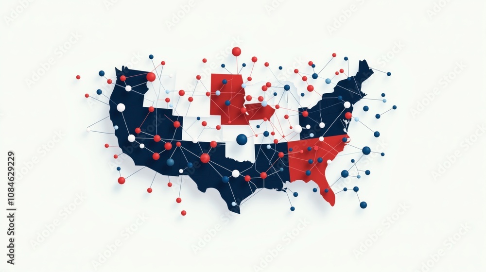 Obraz premium Abstract network map of the United States with interconnected nodes in red, white, and blue colors.