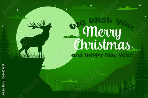 Christmas Reindeer Silhouette with Cliff and Super Moon in Flat Design
