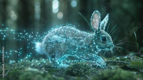 A digital rendering of a rabbit running through a forest, with glowing lines and dots representing its movement.