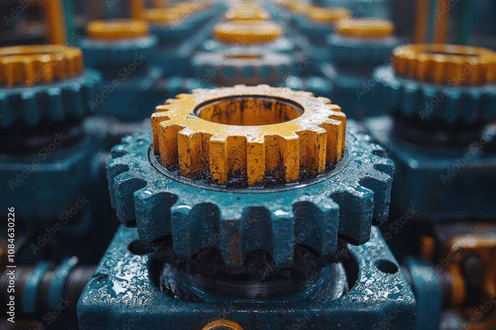 Close-up of a Blue and Yellow Industrial Gear Close-up of a Blue and Yellow Industrial Gear