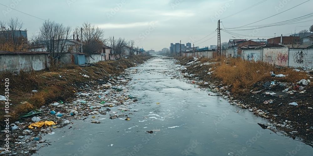 A Polluted River Lined With Waste and Debris in an Abandoned Industrial Area on a Cloudy Day A Polluted River Lined With Waste and Debris in an Abandoned Industrial Area on a Cloudy Day