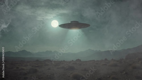 Mysterious UFO hovering above mountains under a full moon, surreal atmosphere with fog effect