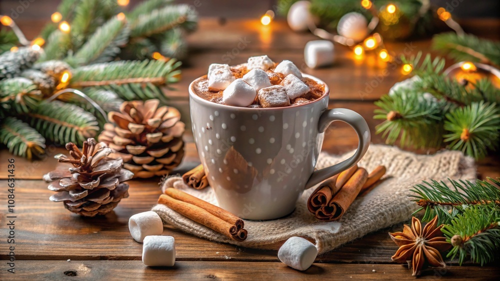 A mug of hot cocoa with a marshmallow topping placed on a table with winter decorations.  
