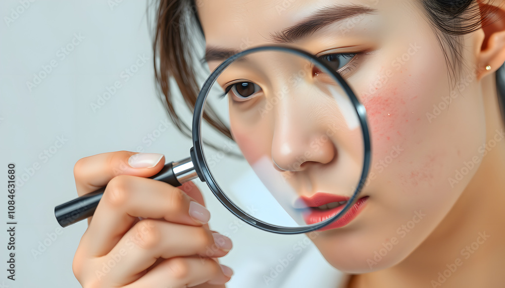 skin problem and beauty of asian girl. Dermatologist use magnifying glass look itchy skin from skin allergic, steroid allergy, sensitive skin, chemical allergy, rash, insect bites, Dermatitis isolat skin problem and beauty of asian girl. Dermatologist use magnifying glass look itchy skin from skin allergic, steroid allergy, sensitive skin, chemical allergy, rash, insect bites, Dermatitis isolat