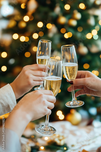 Close-Up of Friends Toasting with Champagne Glasses in Festive Holiday Setting