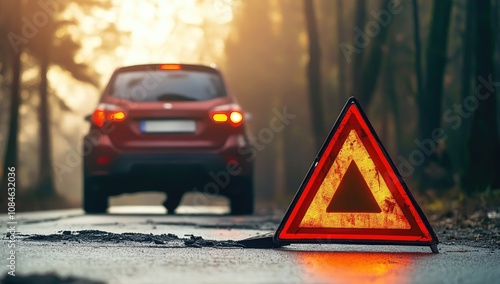 Symbol of alert - roadside red triangle indicating a potential hazard, reinforcing road safety, awareness, critical role of visible signals in preventing accidents, ensuring security on highways. photo