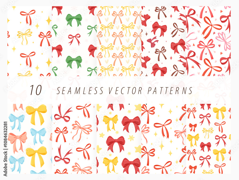 Set of Seamless patterns with various cartoon bow knots, gift ribbons. Trendy hair braiding accessory. Hand drawn vector illustration. Holiday background. Set of Seamless patterns with various cartoon bow knots, gift ribbons. Trendy hair braiding accessory. Hand drawn vector illustration. Holiday background.