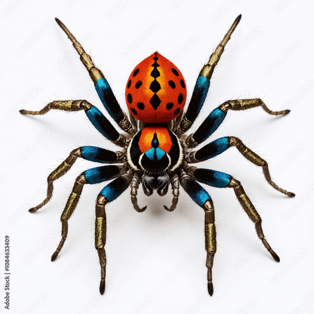 a high-resolution photograph of a vibrant, large, and intricately patterned spider. The spider is positioned centrally against a stark white background a high-resolution photograph of a vibrant, large, and intricately patterned spider. The spider is positioned centrally against a stark white background