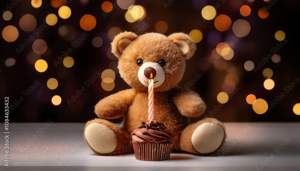Chocolate cupcake topped with vanilla frosting and a small teddy bear decoration, with a lit birthday candle, set on a plate against a background of warm bokeh lights Chocolate cupcake topped with vanilla frosting and a small teddy bear decoration, with a lit birthday candle, set on a plate against a background of warm bokeh lights