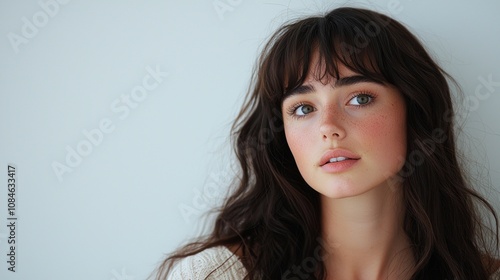 A woman with long dark hair, a white sweater, and freckles looks towards the right