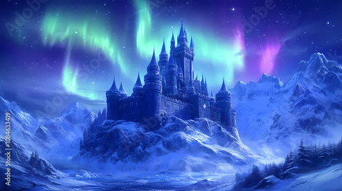 Majestic fantasy castle under a night sky illuminated by the northern lights, set amidst a snowy, mystical landscape with mountains. Aurora. Illustration