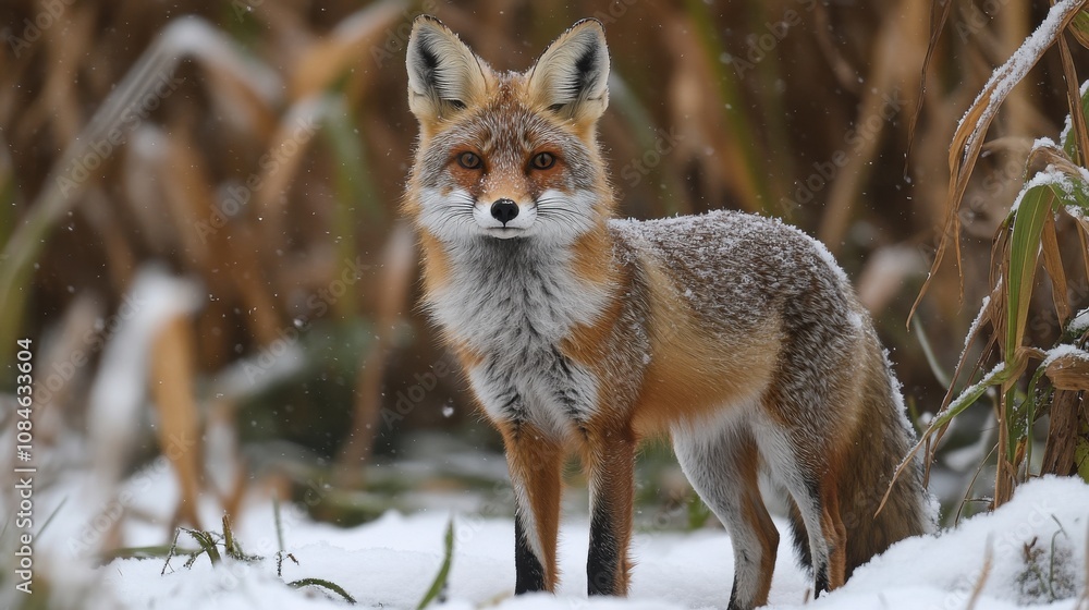 a brown and white fox standing in the snow a brown and white fox standing in the snow