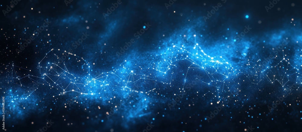 Naklejka premium Abstract cosmic background with glowing blue nebula and network of stars.