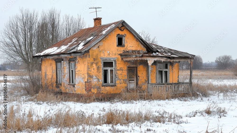A dilapidated, yellow farmhouse with a porch, weathered and peeling paint, stands alone in a snow-covered field. A dilapidated, yellow farmhouse with a porch, weathered and peeling paint, stands alone in a snow-covered field.