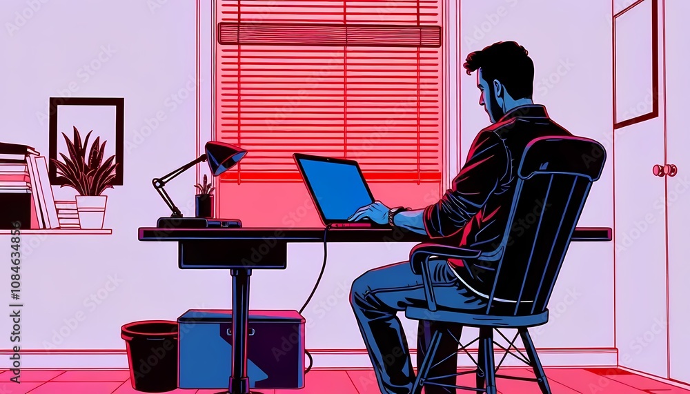 Fototapeta premium Man Typing on Laptop illustration in Minimal Study Room with Blinds and Red Diffused Light