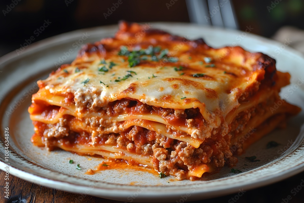 A delicious slice of lasagna with layers of meat, cheese, and sauce on a plate. A delicious slice of lasagna with layers of meat, cheese, and sauce on a plate.
