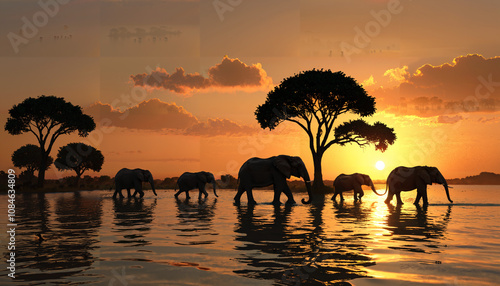 Éléphants au coucher du soleil