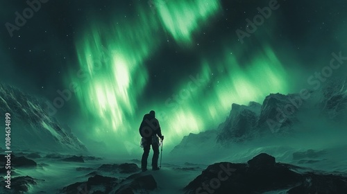 A lone hiker stands in awe of the vibrant green aurora borealis dancing above a snowy mountain range under a star-filled sky.