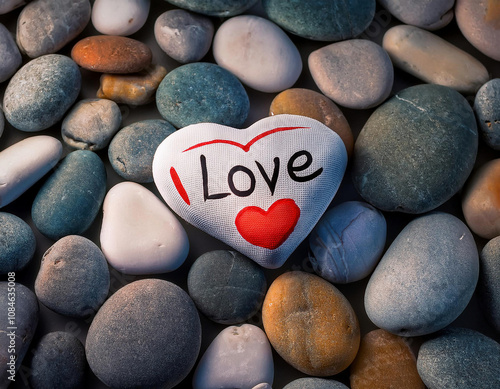 Heart-shaped white pebble with 'I Love' text and a red heart design, placed among smooth river pebbles in various shades of gray and brown photo