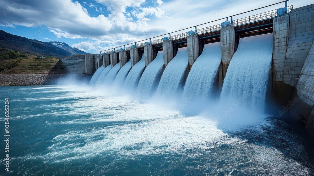 A hydroelectric dam generating power, with water cascading down, showcasing renewable energy from natural resources A hydroelectric dam generating power, with water cascading down, showcasing renewable energy from natural resources