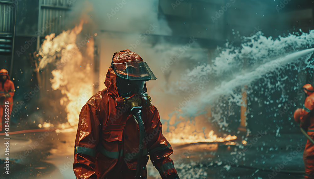 Fireman,Firefighter training Firefighters using water and fire extinguishers to fight the flames in emergency situations. in a dangerous situation All firefighters wear firefighter uniforms for safety Fireman,Firefighter training Firefighters using water and fire extinguishers to fight the flames in emergency situations. in a dangerous situation All firefighters wear firefighter uniforms for safety