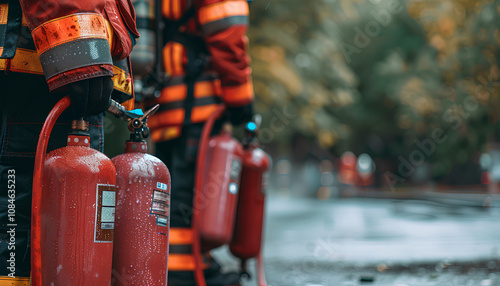 Fireman,Firefighter training Firefighters using water and fire extinguishers to fight the flames in emergency situations. in a dangerous situation All firefighters wear firefighter uniforms for safety