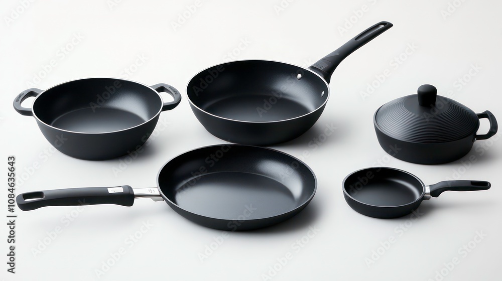 A set of five black non-stick cookware on a white background, including a large skillet, a medium skillet, a small skillet, a saucepan, and a lid. A set of five black non-stick cookware on a white background, including a large skillet, a medium skillet, a small skillet, a saucepan, and a lid.