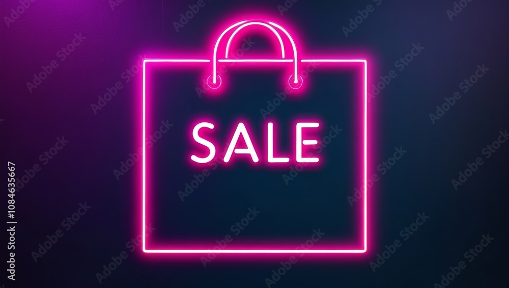 Neon shopping bag illustration with sale sign on dark background Neon shopping bag illustration with sale sign on dark background