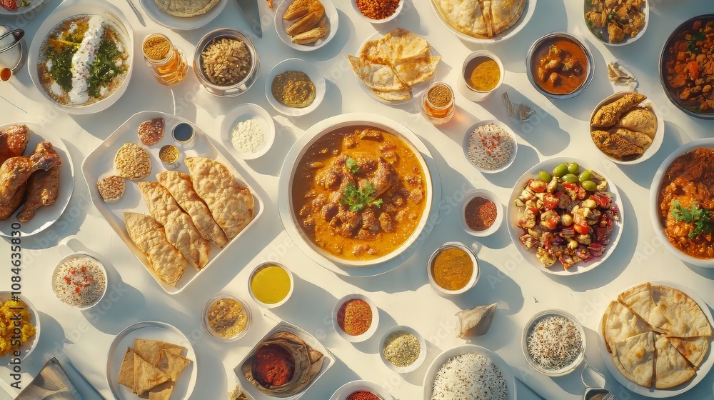 Indian ethnic food buffet on white concrete table from above: curry, samosa, rice biryani, dal, paneer, chapatti, naan, chicken tikka masala, mango lassi, dishes of india for dinner background. indian Indian ethnic food buffet on white concrete table from above: curry, samosa, rice biryani, dal, paneer, chapatti, naan, chicken tikka masala, mango lassi, dishes of india for dinner background. indian