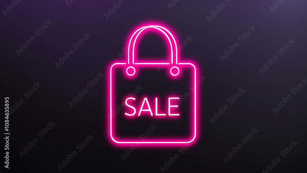 Neonstyle shopping bag illustration with sale in pink on dark background Neonstyle shopping bag illustration with sale in pink on dark background