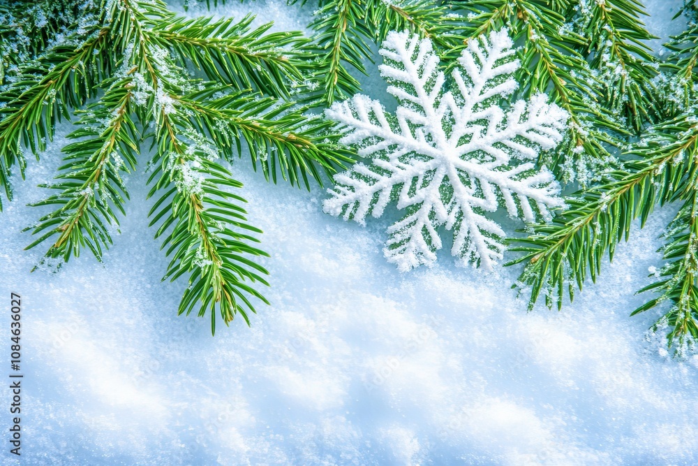 Delicate snowflakes rest on a pine branch, with a larger snowflake in the background. Delicate snowflakes rest on a pine branch, with a larger snowflake in the background.