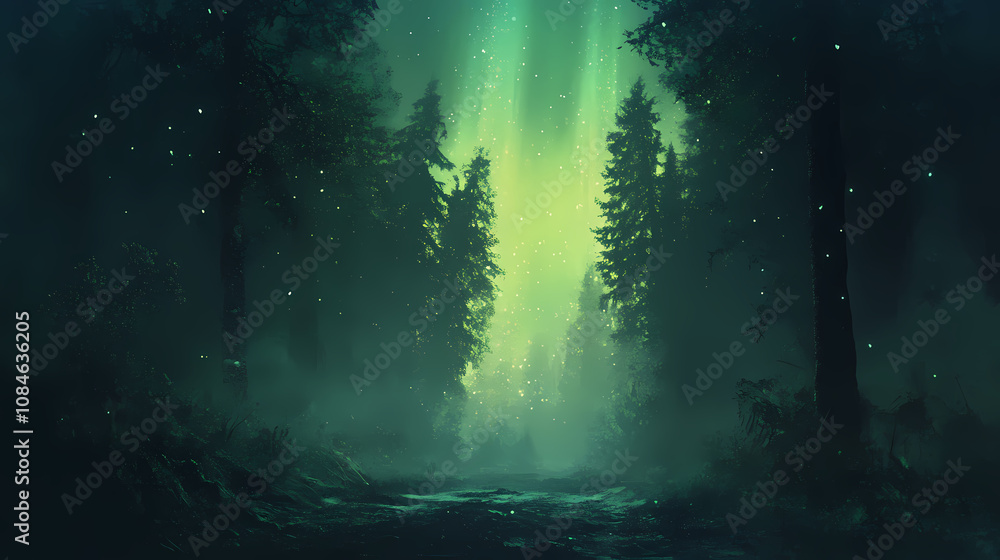 Fototapeta premium Aurora borealis in the forest. Aurora. Illustration