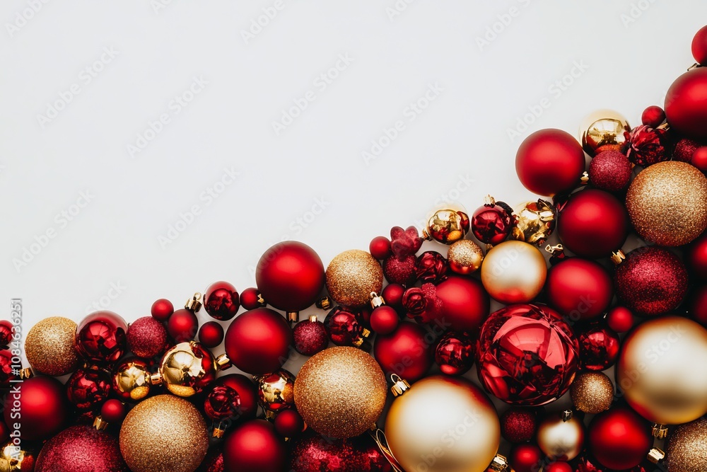 Festive red and gold Christmas balls and ornaments scattered on a snowy white background. Festive red and gold Christmas balls and ornaments scattered on a snowy white background.