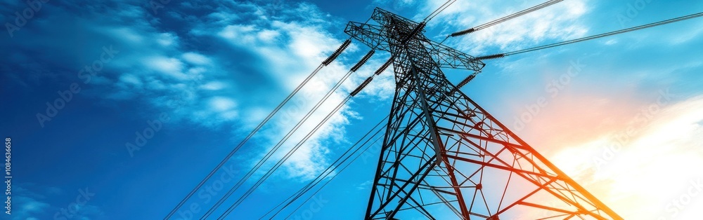 Tall electricity pylon against a bright blue sky with white clouds.
