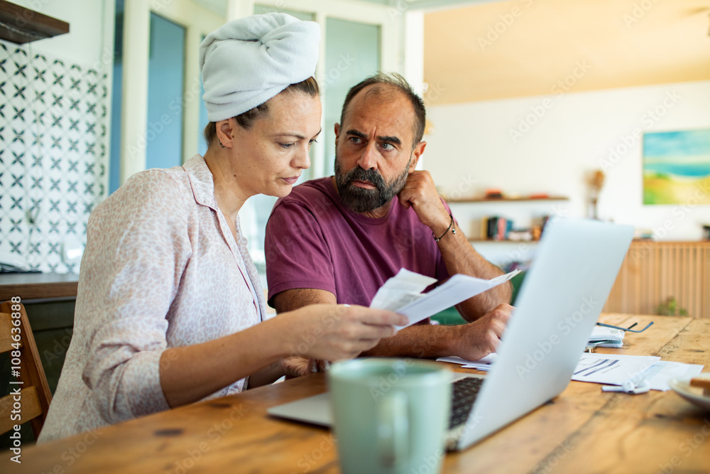 Couple reviewing bills and finances together at kitchen table Couple reviewing bills and finances together at kitchen table