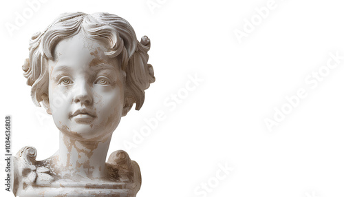 plaster head of an antique girl stands on a pedestal on a white background