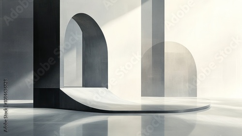 Abstract minimal  white and gray interior with curved platform for product display.