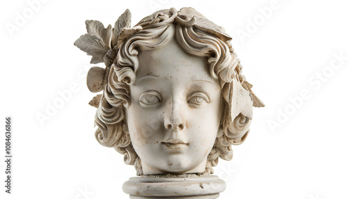 plaster head of an antique girl stands on a pedestal on a white background