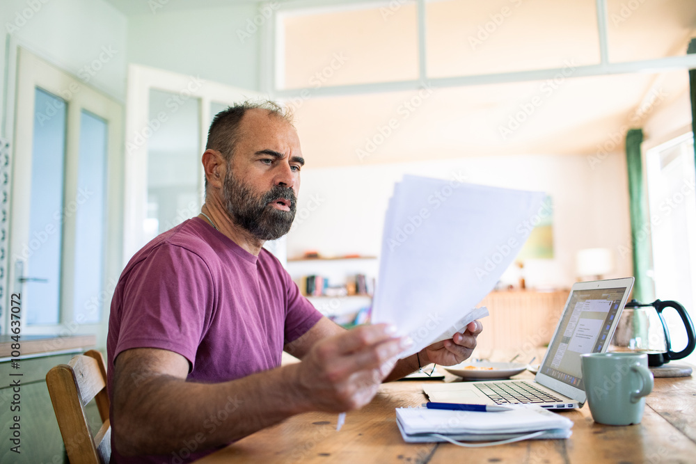 Man working on laptop at kitchen table Man working on laptop at kitchen table