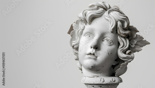 plaster head of an antique girl stands on a pedestal on a white background